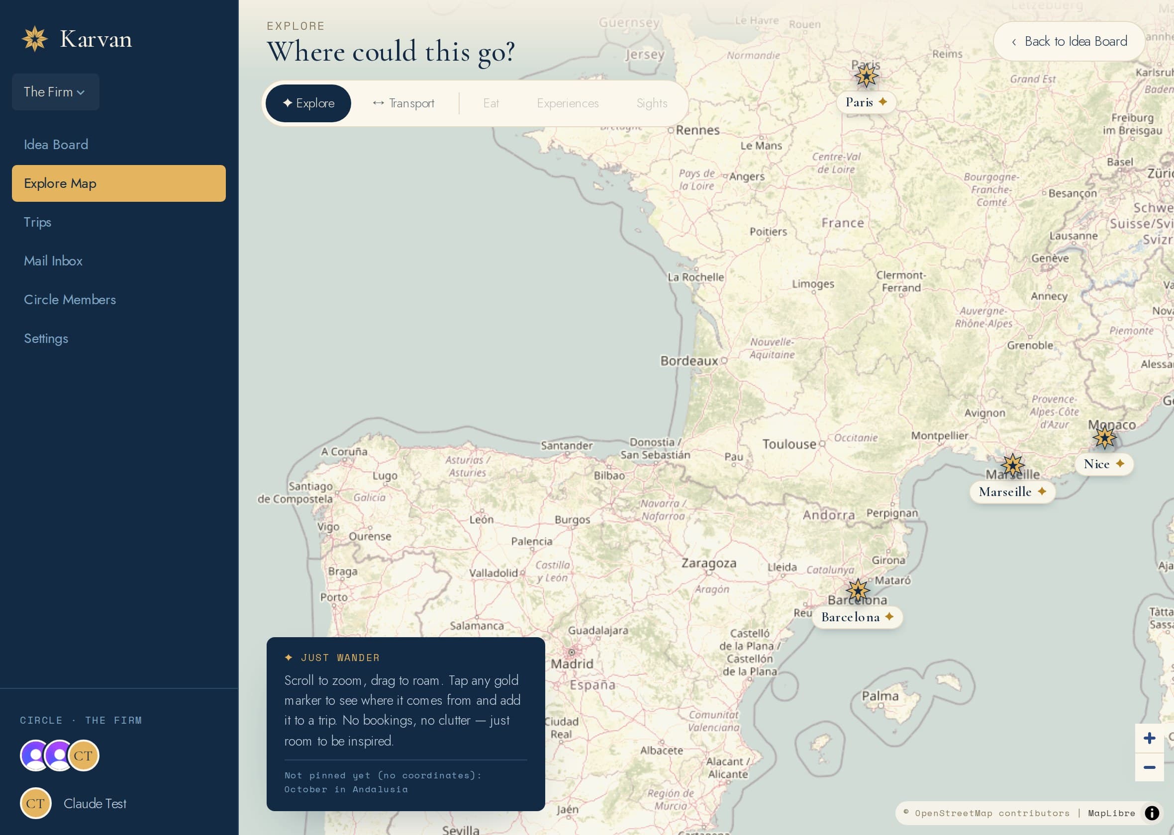 The Explore Map in Karvan — destinations and research streams on a map