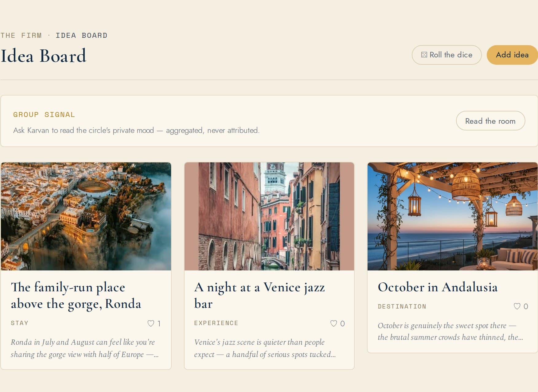 The Idea Board in Karvan — shared idea cards with likes and dates